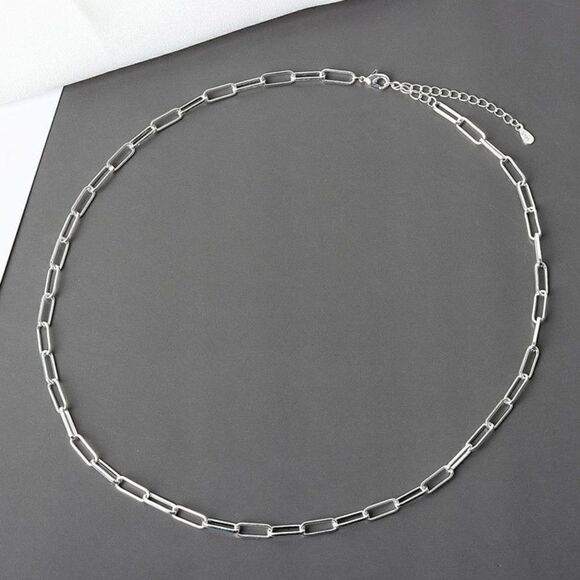 Silver Paperclip Chain Link Choker Necklace 925 Stamped - Picture 1 of 7